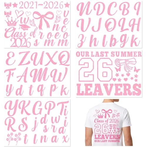 School Leavers Shirt Decorations 5 Sheets 2026 Leavers Iron on Transfers for T Shirts Personalised Name Leavers Shirt Transfer Glitter DIY Leavers Shirts Decoration for Clothing Backpacks (Pink)