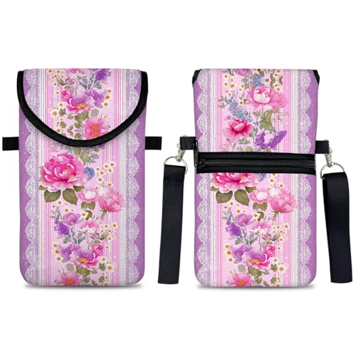 Image of Neoprene Cell Phone Sleeve Pouch Case Bag with Crossbody Strap Neck Lanyard for Women 7.5 X 4.3 in Pink Flower Wall