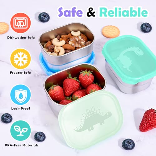Image of Tanjiae 3x8oz Small Stainless Steel Snack Containers for Kids and Toddlers - 230mL Leakproof Food Containers with Cute Dino Lids | LFGB Certified, Stackable Metal Snack Box for School, Daycare, Travel