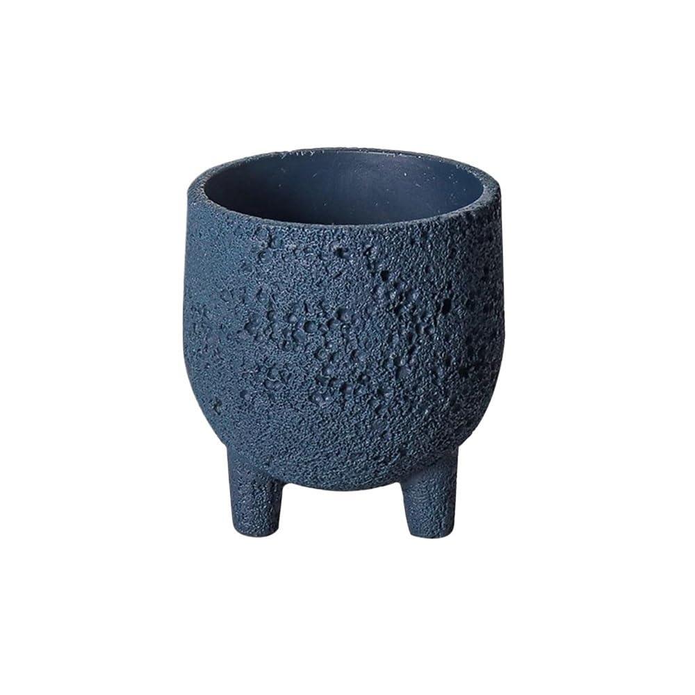 SDA287MZ Three Legged Flower Pot with Drainage Hole, Cement Tabletop Plant with Volcanic Rock Texture, for Windowsill Bedroom Living Room Garden Multifunction(Blue,Small)