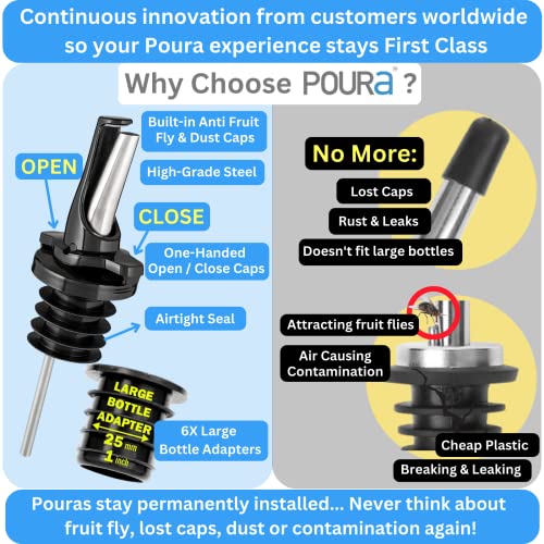 3-In-1 Liquor Bottle Pourers With Built-In Fruit Fly Protection - Dishwasher Safe Hygienic Alcohol Speed Spouts - Also For Olive Oil, Juice, Syrup. Black 6 Pack With 6 Adapters For Large Neck Bottles #TOP4