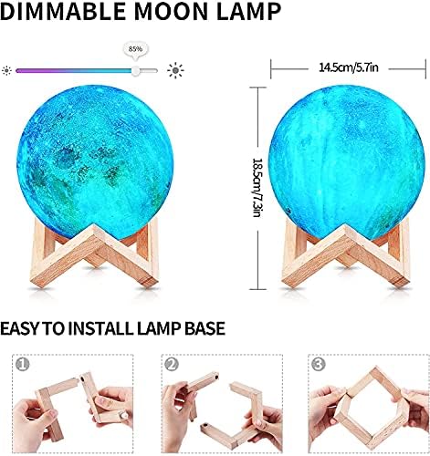Nestling Moon Lamp, 16 Colors LED 3D Print Star Moon Light Kids Night Light Galaxy Lamp Table Lamp with Wooden Holder Portable USB Charging Moonlight Gift (15 cm)