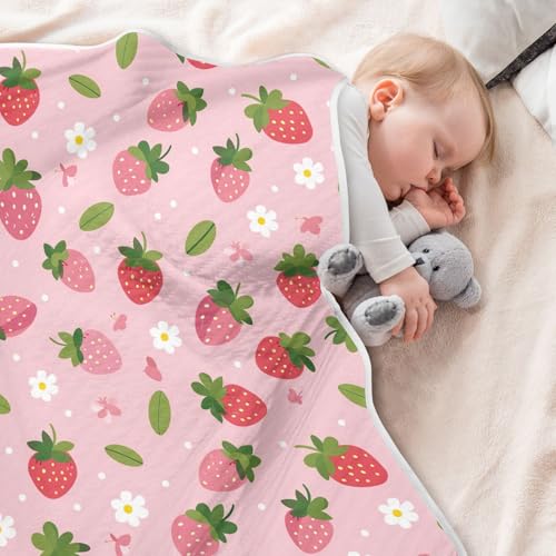 Image of Daisy and Strawberry Baby Blanket Cotton Cozy Throw Blanket Warm Nursery Swaddle Receiving Toddler Blankets 30 inch x 40