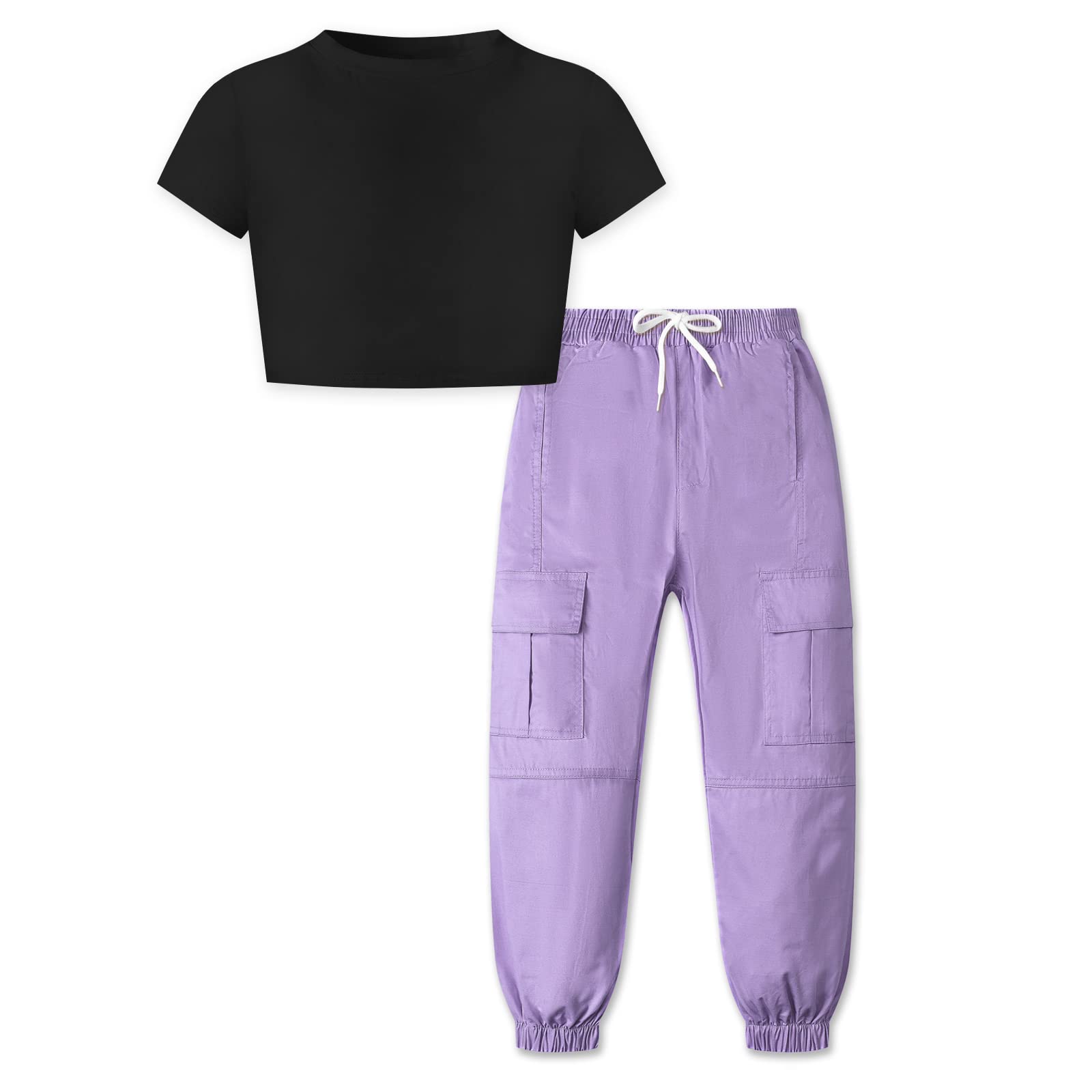 Betusline Girls 2 Piece Outfits Cute Fall Winter Crop Top Cargo Pants Trendy Clothing Sets, 4T-14 Years