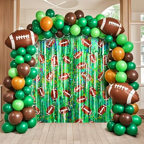 Image of 2 Packs Football Foil Fringe Curtain, Green Glitter Metallic Tinsel Backdrop for Birthday, Baby Shower, Super Bowl, Football Party Decorations Supplies