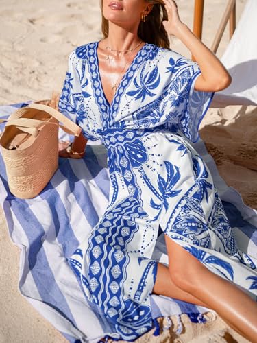 Image of CUPSHE Womens Tropical Floral Maxi Dress V Neck Short Sleeve Smocked Side Slit Dress Summer Vacation Beach Pocket Long Dress
