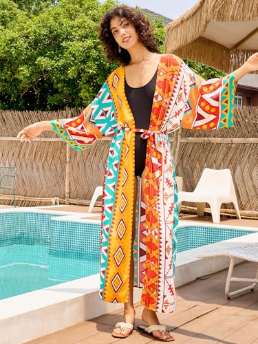 Image of Women's Kimono Cover Up Long Beach Dress Swimsuit Cover Ups Colorful Cardigan Lightweight Robe for Swimwear