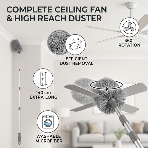 Image of Extendable Long Handle, Ceiling Fan Blade Cleaning Tool Reusable Washable Microfiber Mop Microfibre Duster for high Ceilings, Cobweb Telescopic Extension Pole kit, Duster