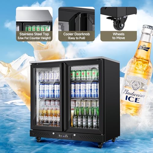 BODEGACOOLER Back Bar Cooler with 2 Glass Doors,7.7 Cu.ft Commercial Back Bar Beverage Refrigerator Counter Height,LED Lighting for Soda Drinks,Beer,Wine Stainless Steel Top,DOE Approved,4 Casters on Fridge.com