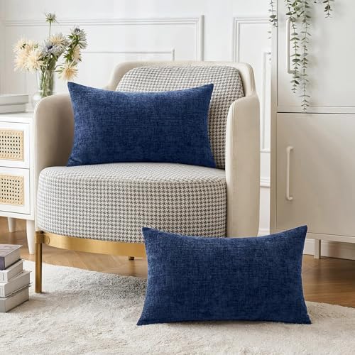 Image of MIULEE Pack of 2 Couch Throw Pillow Covers 12x20 Inch Spring Soft Navy Chenille Lumbar Pillow Covers for Sofa Living Room Solid Dyed Cases