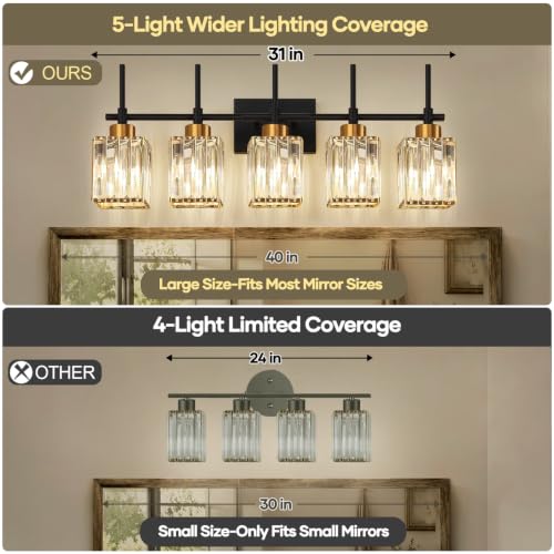 Image of Torondo Modern Crystal Bathroom Vanity Light 5-Lights Gold Bathroom Light Fixtures Over Mirror Black and Gold Vanity Lighting Fixtures Gold Square Shade Brass Wall Sconce (Bulbs Not Include)