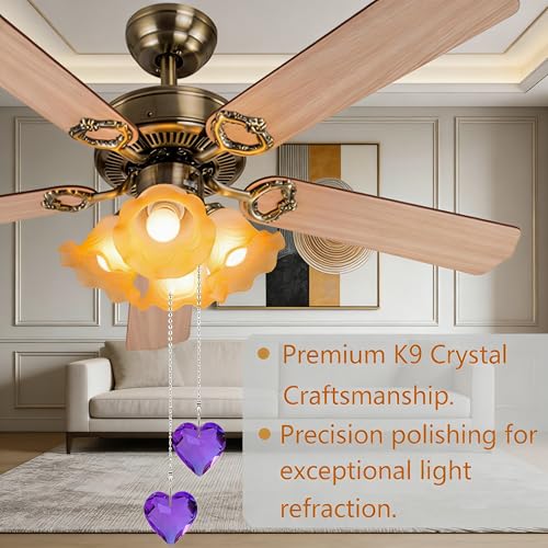 Image of 2Pcs Crystal Ceiling Fan Pull Chain Extender with Connector, 12 inch | K9 Crystal Glass, Not Acrylic, Heart Prism, Cut-To-Length Adjustable, Snap-On Connector For Fan, Light, Lamp (Purple)