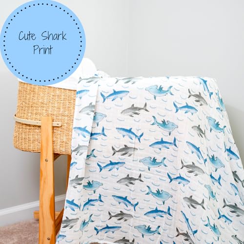 Image of LollyBanks Baby Blanket for Boys, 100% Cotton Muslin Swaddle Blankets, 47 x 47 Inches Soft and Breathable Receiving Blankets, Cozy Newborn Swaddle, Baby Essentials, Registry (Shark Print)