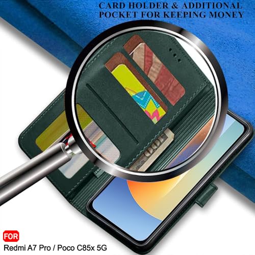 Image of TheGiftKart Genuine Leather Finish Flip Back Cover Case for Mi Redmi A7 Pro /Poco C85x 5G / C81 | Inbuilt Pockets & Stand | Designer Button Magnet Flip Back Cover Case (Faux Leather, Green)
