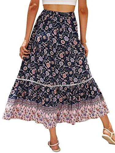 Ezcosplay Women Long Skirts Boho Floral Elastic High Waist Flowy Beach A Line Maxi Skirt3