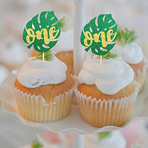 24 Pcs Monstera Leaf One Cupcake Toppers Glitter Wild One Cupcake Picks Jungle Safari Palm Leaves Baby Shower Kids 1St Birthday Party Cake Decorations Supplies #TOP6