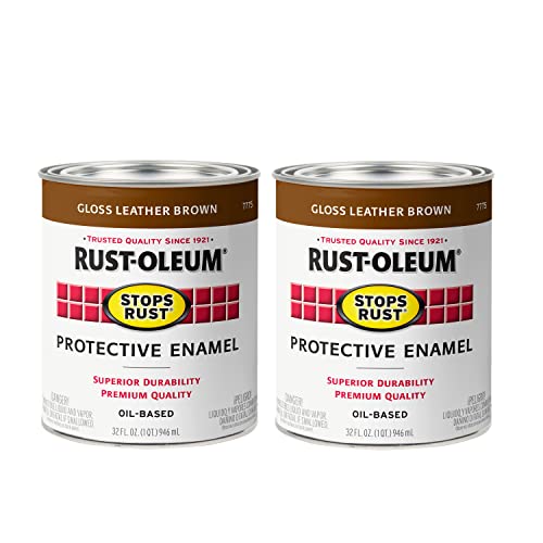 Image of Rust-Oleum Stops Rust Brush On Protective Enamel Paint, Gloss Leather Brown | Rust and Corrosion Resistant, Indoor and Outdoor Durability, Beautiful Finish on Metal, Wood and More, Quart, 2 Pack