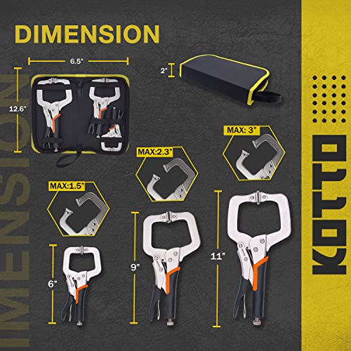 KOTTO 3 Packs Heavy Duty Locking C-Clamp Set, 6 Inch, 9 Inch and 11 Inch Locking Pliers Tools With Swivel Tips with Storage Bag for Craftsmen, Home & Workshop Use