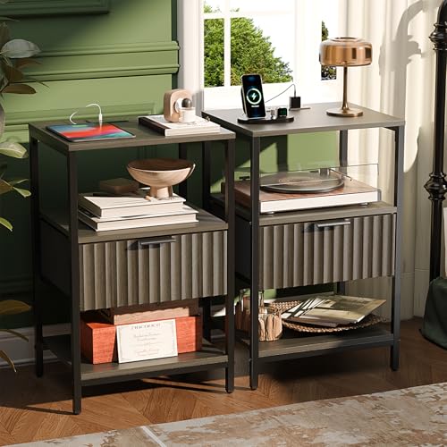 Image of VINGLI Nightstands Set of 2 with Charging Station and Fabric Drawer, Fluted Grey Night Stand Set of 2, Gray Nightstand with Drawer, Bed side Tables /End Tables for Bedroom,14.96 inchW*11.81 inchD*23.7 inchH, 2 pcs