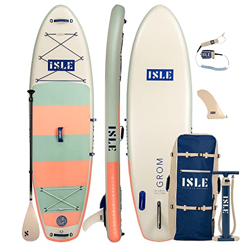 ISLE Grom Inflatable Stand Up Paddle Board for Children | Incl. Touring Center Fin, Backpack, Hand Pump, Paddle - Kids SUP - 8.6 x 28 x 6 in - Max. Capacity 226 lbs - California Design - Seafoam/Peach