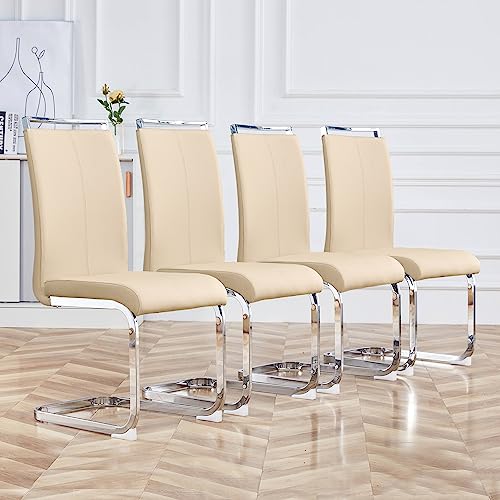 Image of Baysitone Modern Dining Chairs Set of 4, Side & Kitchen Chairs with Silver Frame, Faux Leather Padded Seat High Back, for Dining, Kitchen & Living Room - Beige