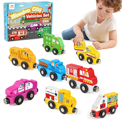Vanmor 8 Pcs Magnetic Wooden Train Set with Removable Parts, City...
