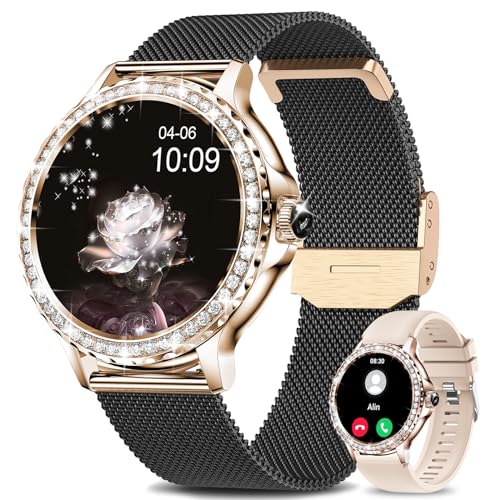 Fitonus Smartwatch Donna Chiamate Bluetooth, 1,3'' HD Schermo Orologio Smartwatch con Notifiche Messaggi, 110+ Sport, SpO2 Sonno Cardiofrequenzimetro, Orologi Sportivo IP68 per Android iOS, Oro Nero