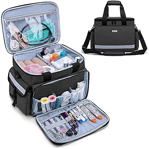 CURMIO Emergency Medical Supplies Bag, Home Health Aid Bag with Shoulder Strap and 2 Detachable Dividers for Nurse, Physical Therapists, Doctors, Home Health Staffs, Bag ONLY, Black (Patent Pending) Cover