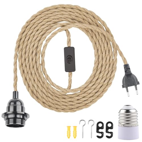 BlueXP Douille de Lampe E27 Vintage avec Interrupteur et Câble 4.5m en Corde de Chanvre Tressée Vintage Anneau à Vis pour DIY Lampe Suspension Lumière...