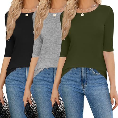 Huukeay 3 Pack Women's Half Sleeve Tops 1/2 Sleeve T-Shirt Womens Basic Round Neck Slim Fit Tight Casual Elbow Summer Tees2