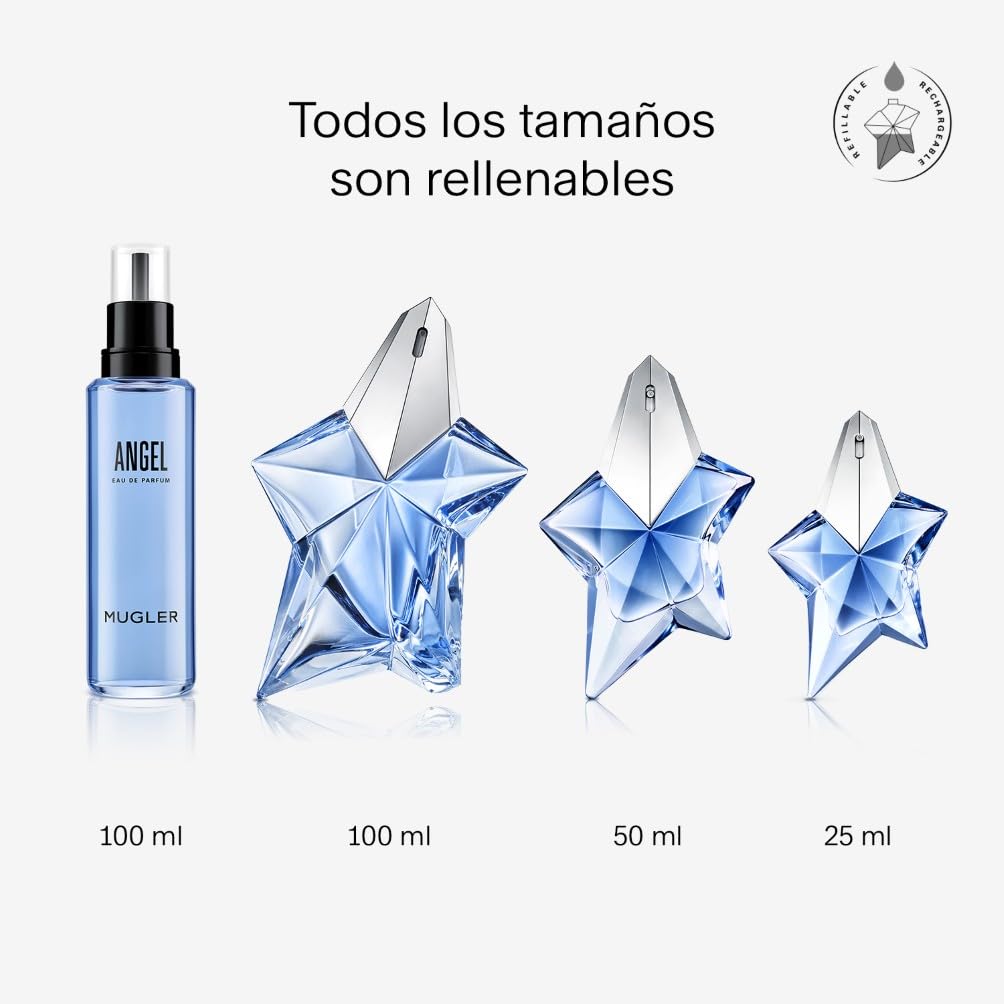 MUGLER Angel Eau de Parfum, Perfume para Mujer, Aroma Gourmand con Notas de Ámbar, Fragancia fascinante, Recargable, 25 ml