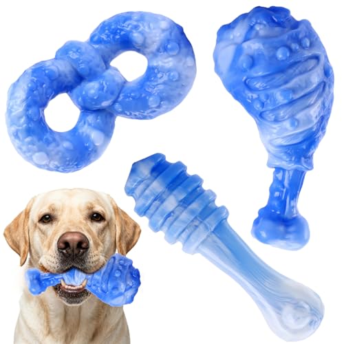 WinTour Dog Chew Toys for Aggressive Chewers 3 Pack, Indestructible Dog Toy to Keep Them Busy, Tough Dog Toys for Aggressive Chewers for Small, Medium and Large Breeds, Bacon Flavor, Blue