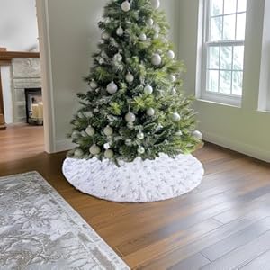AOGU 48 Inch Sequin Faux Fur Christmas Tree Skirt Decoration for Merry Christmas Party White Plush Silver Sequin Snowflake Xmas Christmas Tree Skirt Decorations AOGU 48 Inch Sequin Faux Fur Christmas Tree Skirt Decoration for Merry Christmas Party White Plush Silver Sequin Snowflake Xmas Christmas Tree Skirt Decorations