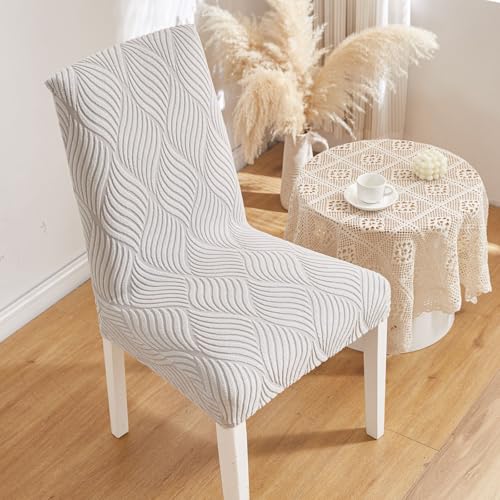 Image of HOMETHREADS Elastic Jacquard Chair Cover - Stretchable, Removable & Washable Short Dining Chair Slipcover | Durable Seat Protector for Kitchen, Dining Room & Banquet Chairs (Light Grey, Pack of 6)