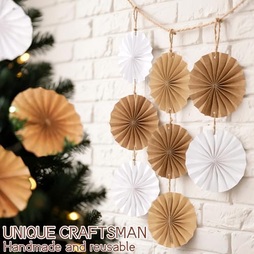 Image of Easy Joy Boho Hanging Paper Fans Neutral Rustic Paper Fans Garland White Brown Party Decorations for Boho Party Baby Shower Birthday Wedding Bridal Classroom Decor