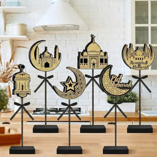 Image of Briwooody 6 Pcs Ramadan Decorations Eid Mubarak Wooden Sign Set Moon Star Shape Tall Standing Islamic Ramadan Table Centerpiece Tabletop Decor Farmhouse Wood Block for Muslim Party Home Decorations