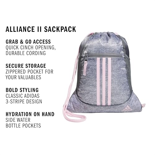 Image of adidas Alliance Sackpack DISCONTINUED, Jersey Grey /Clear Pink /Grey, One Size, Alliance Sackpack (12l) Lightweight Athletic Small Drawstring Team Sports Workout Bag Discontinued