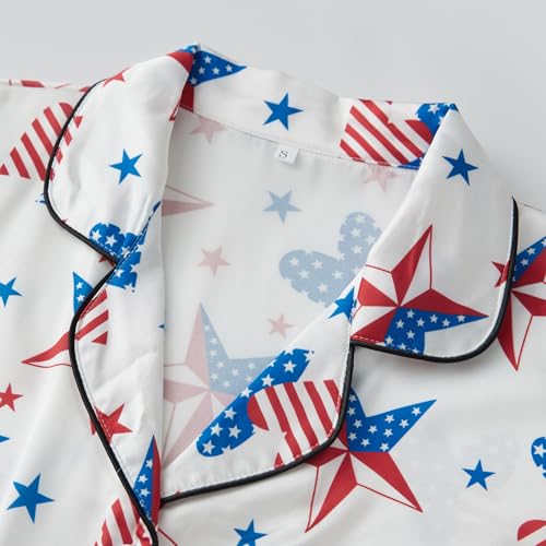 Image of Piacakece 4th of July Women Outfit Short Sleeve Button Shirt Matching Shorts Satin Pajama Sets Women July Fourth Clothes