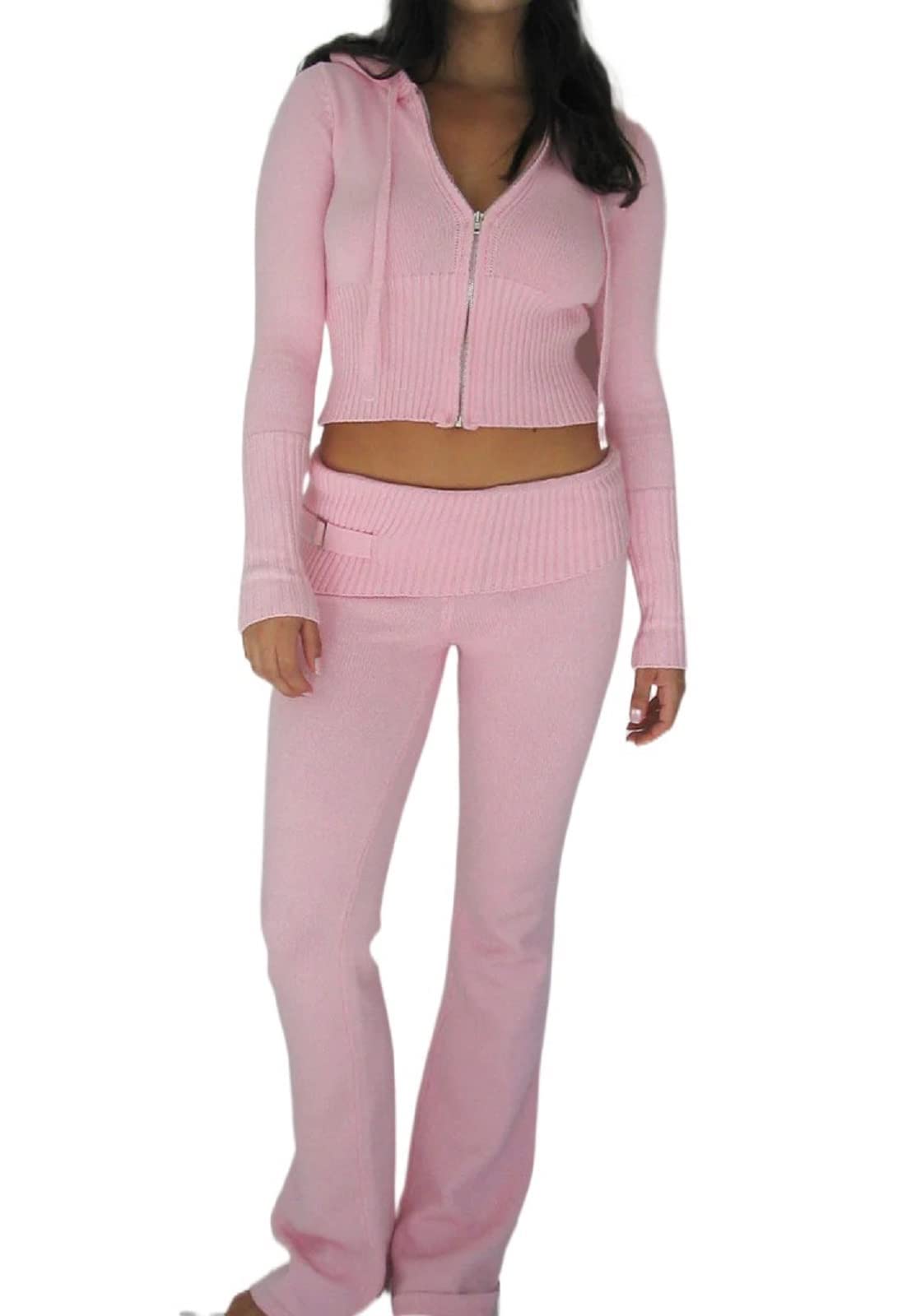 BiivriiWomen Ribbed Knit 2 Piece Outfits Long Sleeve Zipper-Up Slim Fit Hooded Crop Tops High Waist Long Pants Loungewear