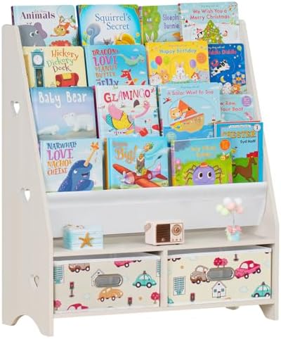 Lerliuo 5 Tier Kids Bookshelf, Beige Children Sling Book Shelf with 2 Drawers, Baby Toddler Wooden Bookcase and Book Rack, Display Shelves Storage Organizer for Classroom, Playroom, Bedroom, Nursery