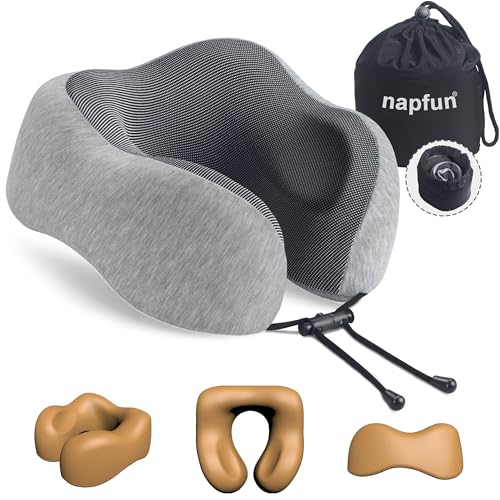napfun Neck Pillow for Traveling, Upgraded Travel Neck Pillow for Airplane 100% Pure Memory Foam...