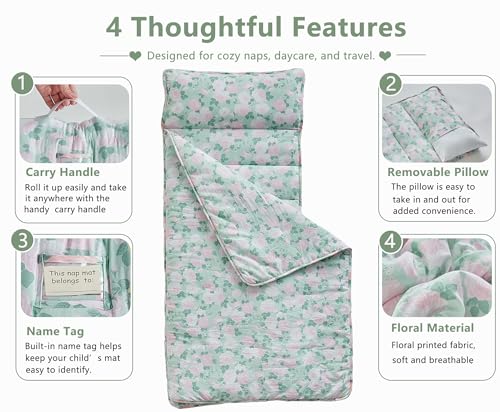 Image of Toddler Nap Mat with Removable Pillow,Ultra Soft Slumber Bags for Girls,Kids Sleeping Bags with Roll Up Design, Perfect for Preschool,Daycare,Kindergarten