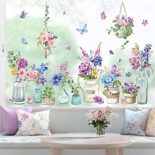 wondever Stickers Fenetre Fleurs en Pot Printemps Été Autocollant Fenêtre Fleur de Jardin Iris Papillon Electrostatique Anti-Collision Décoration pour...