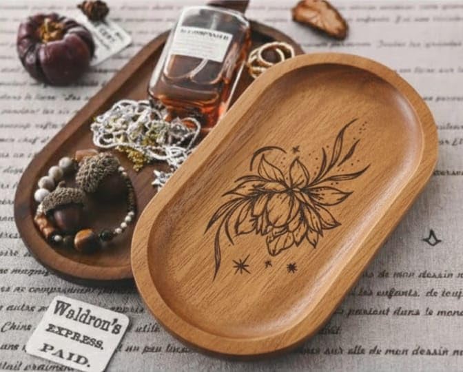 Image of Wooden Jewelry Tray, Oval Shape, L x B x H = 10 x 5 x 0.5 Inch Floral Design, Natural Wood Finish, Organizer for Rings, Necklaces, Earrings And Snacks Serving (lotus 2)
