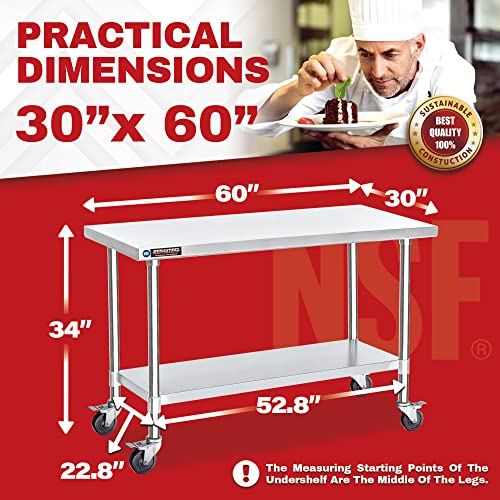 Image of DuraSteel 30x60 NSF Stainless Steel Cart - Heavy Duty Food Prep Table with Undershelf - Rolling Kitchen Island on Wheels for Commercial Restaurant Kitchen, Garage, Outdoor Cooking, BBQ Grill, Counter