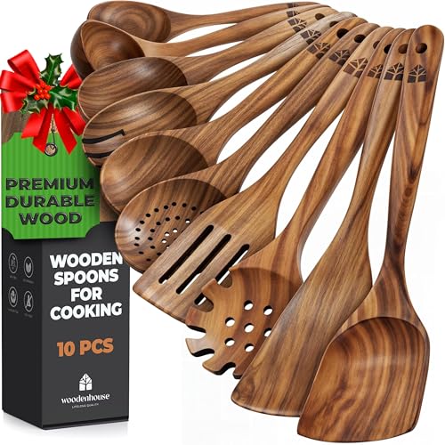Wooden Spoons for Cooking – 10 Pc Teak Wood Utensil Set, Durable, Nonstick Safe & Heat Resistant with Ergonomic Handles - Unique Kitchen Gifts for Women Men, Cooking Gifts for Men Women