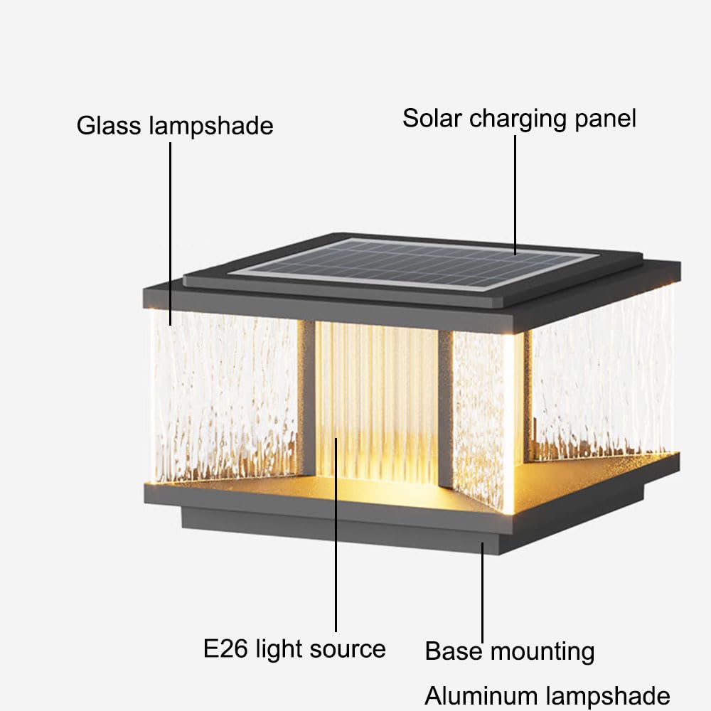 Tradycyjna czarna lampa zewnętrzna, lampa słupkowa, nowoczesna wodoodporna szklana lampa solarna LED, przewodowy zewnętrzny słupek oświetleniowy do podwórka i ogrodu.