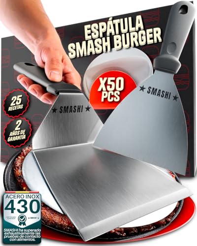 SMASHI® Set de 2 Espátulas de Cocina Acero Inoxidable + 50 Papeles Antiadherentes – Espátula para Plancha, Smash Burger, Rasqueta, Paleta de Cocina Profesional para Carne y Verduras