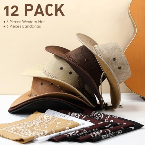 Image of Zhanmai 12 Pcs Cowboy Hat and Bandana Cowboy Cowgirl Hats Bulk Western Party Costume Halloween Accessory