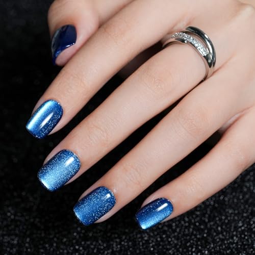Press on Nails Short Square, Jofay Fashion Blue Cat Eye Press on ...